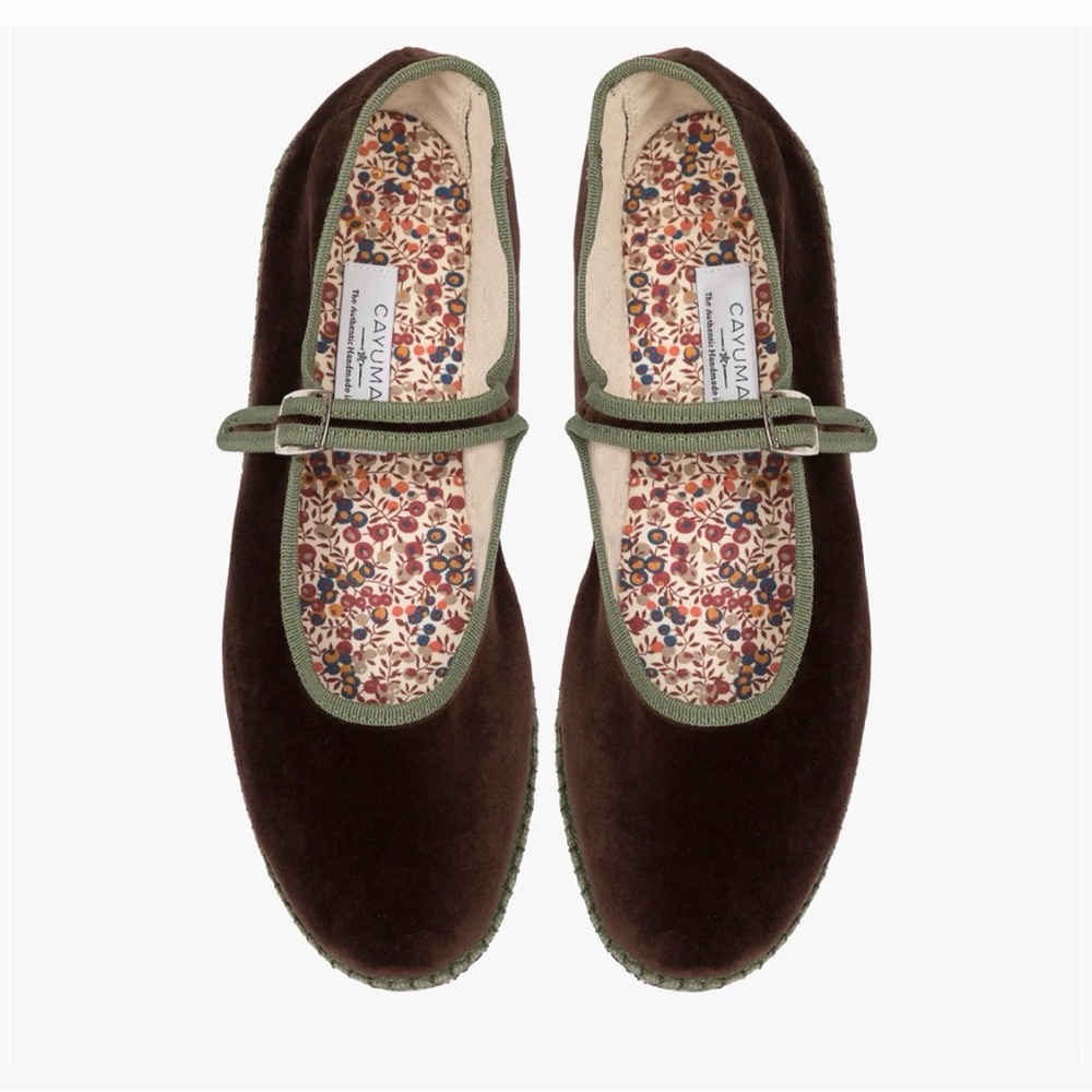 Women's Brown Velvet Mary Jane Flats with Olive Trim